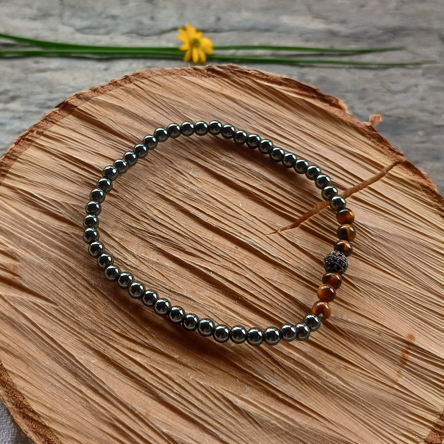 Hämatit-Armband Kugeln mit Tigerauge Ø 4 mm