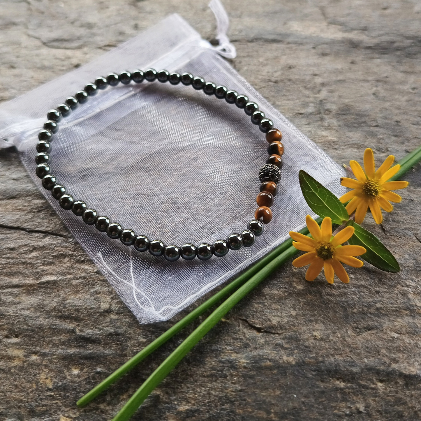 Hämatit-Armband Kugeln mit Tigerauge Ø 4 mm
