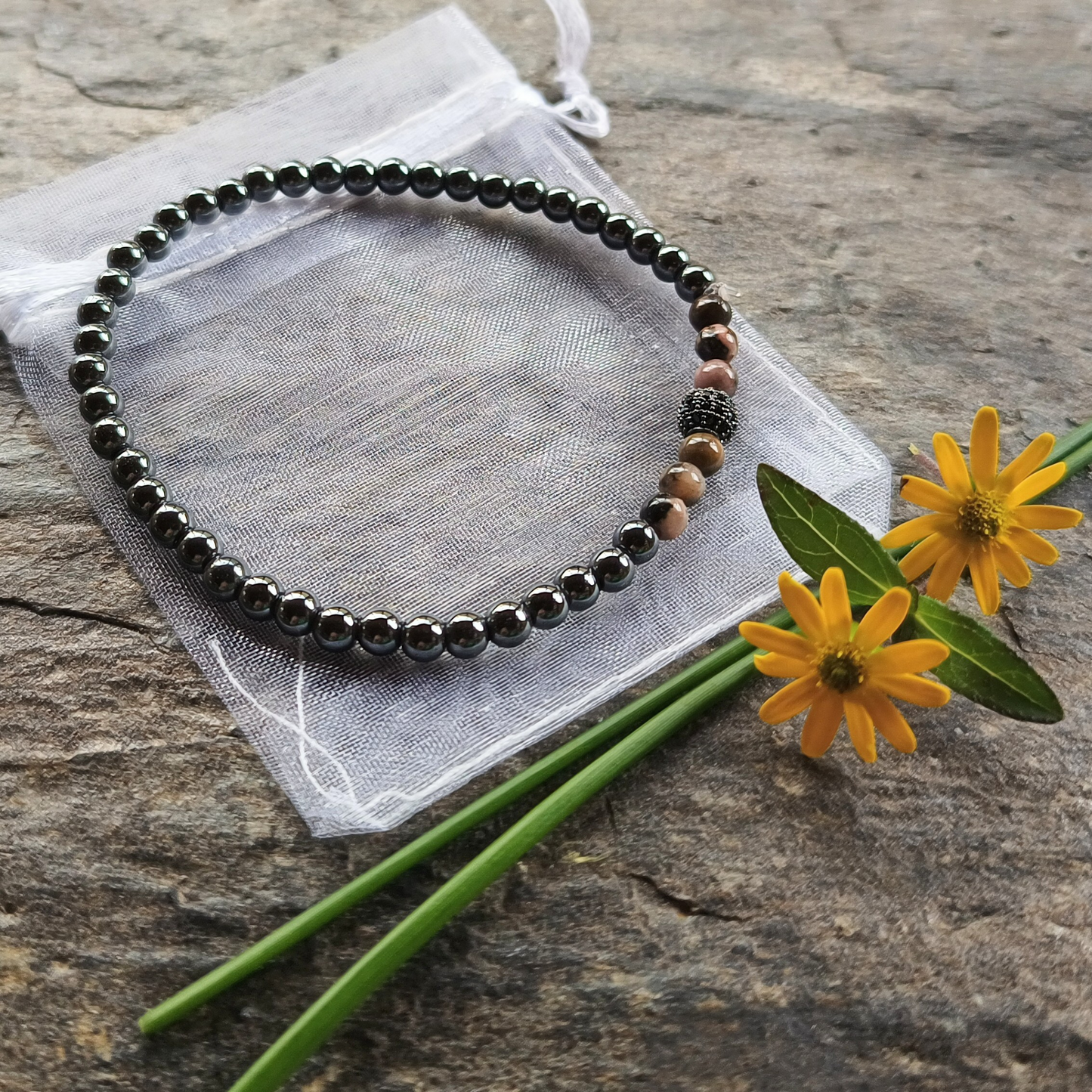 Hämatit-Armband Kugeln mit Rhodonit Ø 4 mm