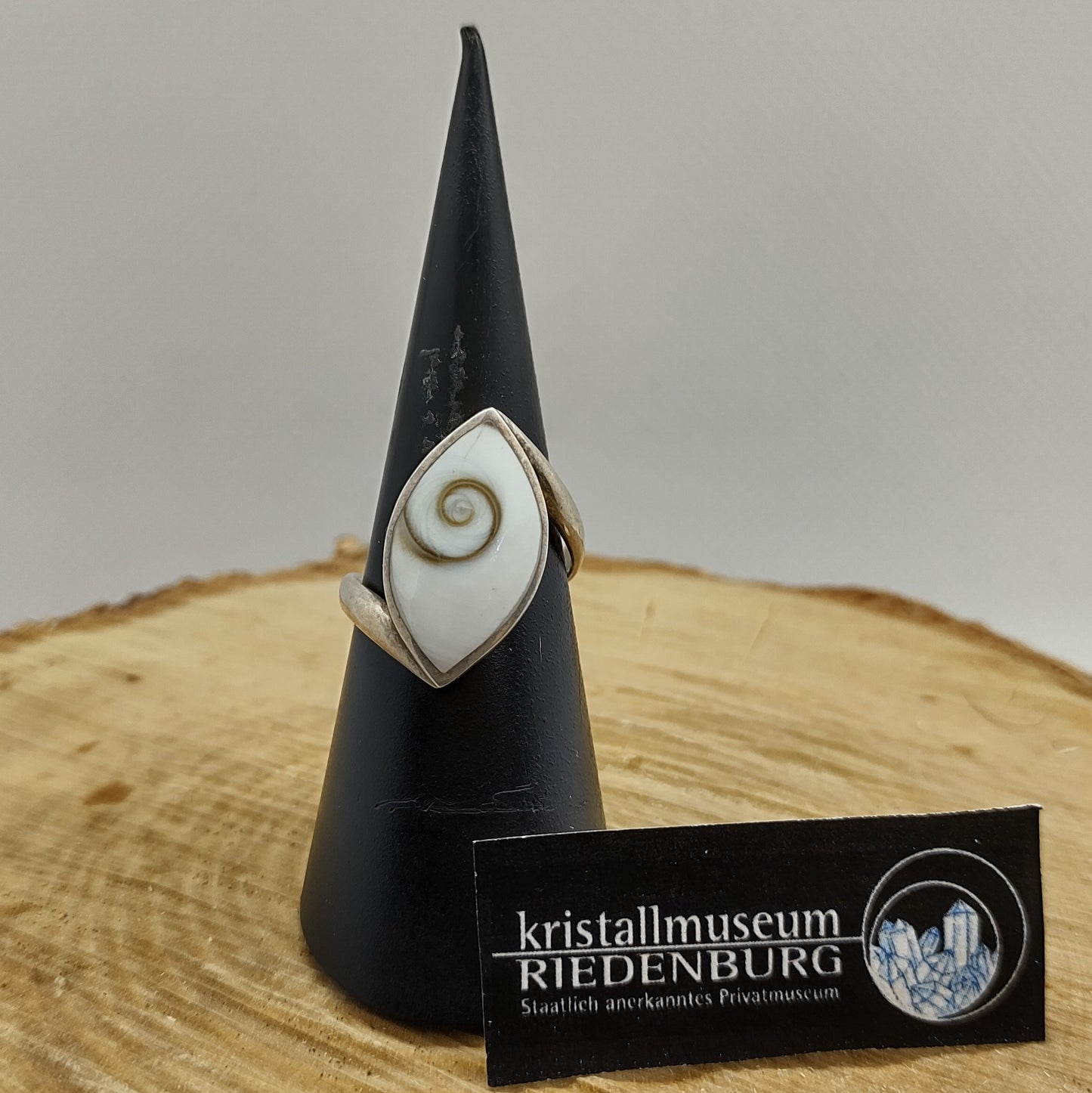 Gefasste Shiva-Muschel in Navette-Form geschliffen, in außergewöhnlicher Silberfassung.