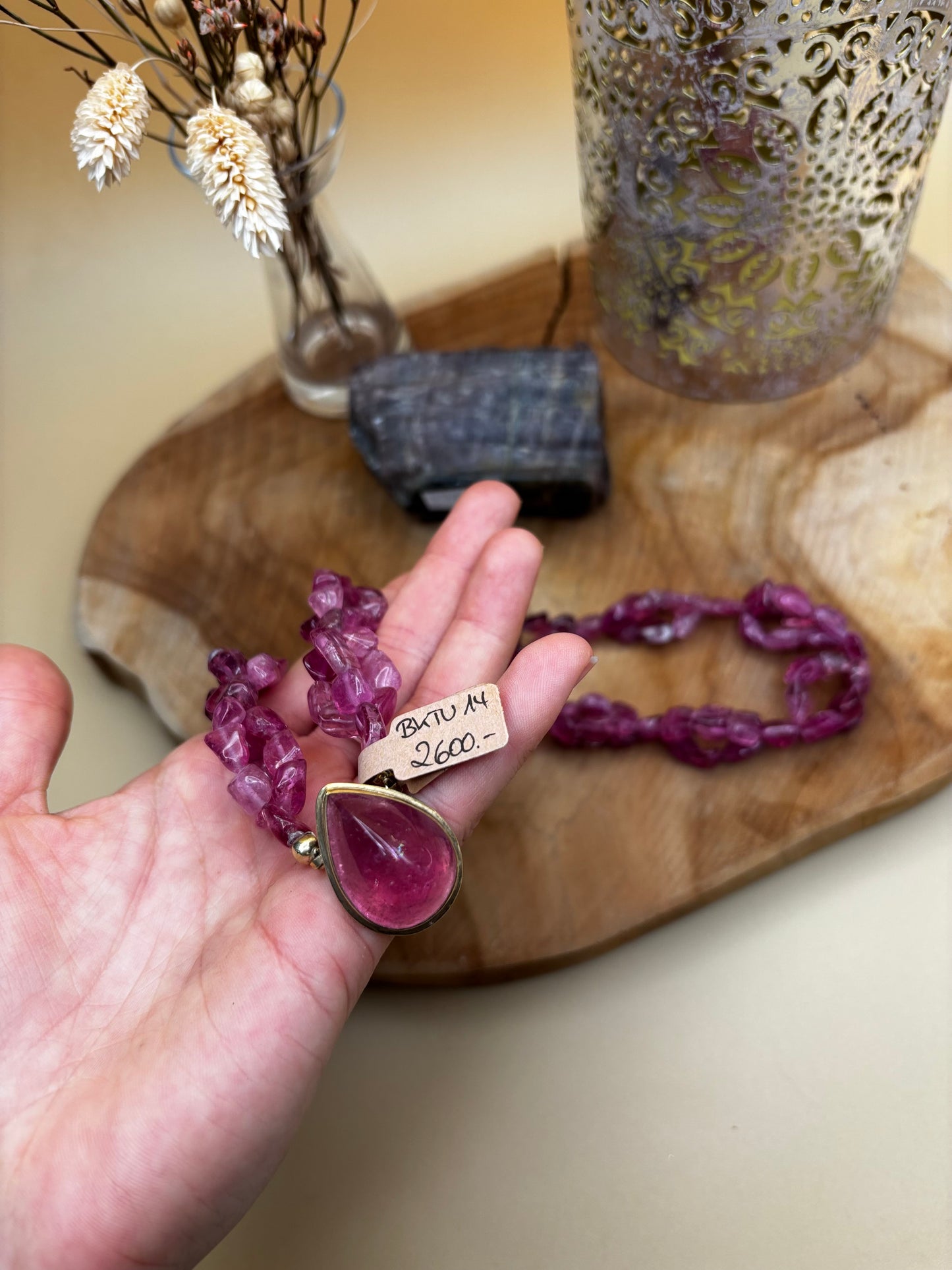 Rubellith-Kette AAA+, Designerstück, geflochten, dunkel-rosa - Scholz GmbH